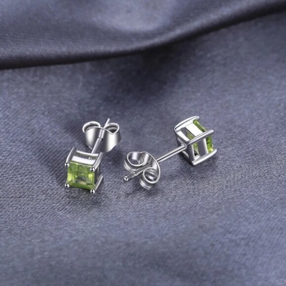 Jewelry earrings stud square princess green peridot 4mm 925 sterling silver - Picture 2 of 4